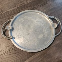 Vintage MCM Farberware Wrought Aluminum Serving Tray Platter with Etched Leaves