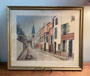 Vintage MCM gold frame Maurice Utrillo Eglise De Strins art picture.
