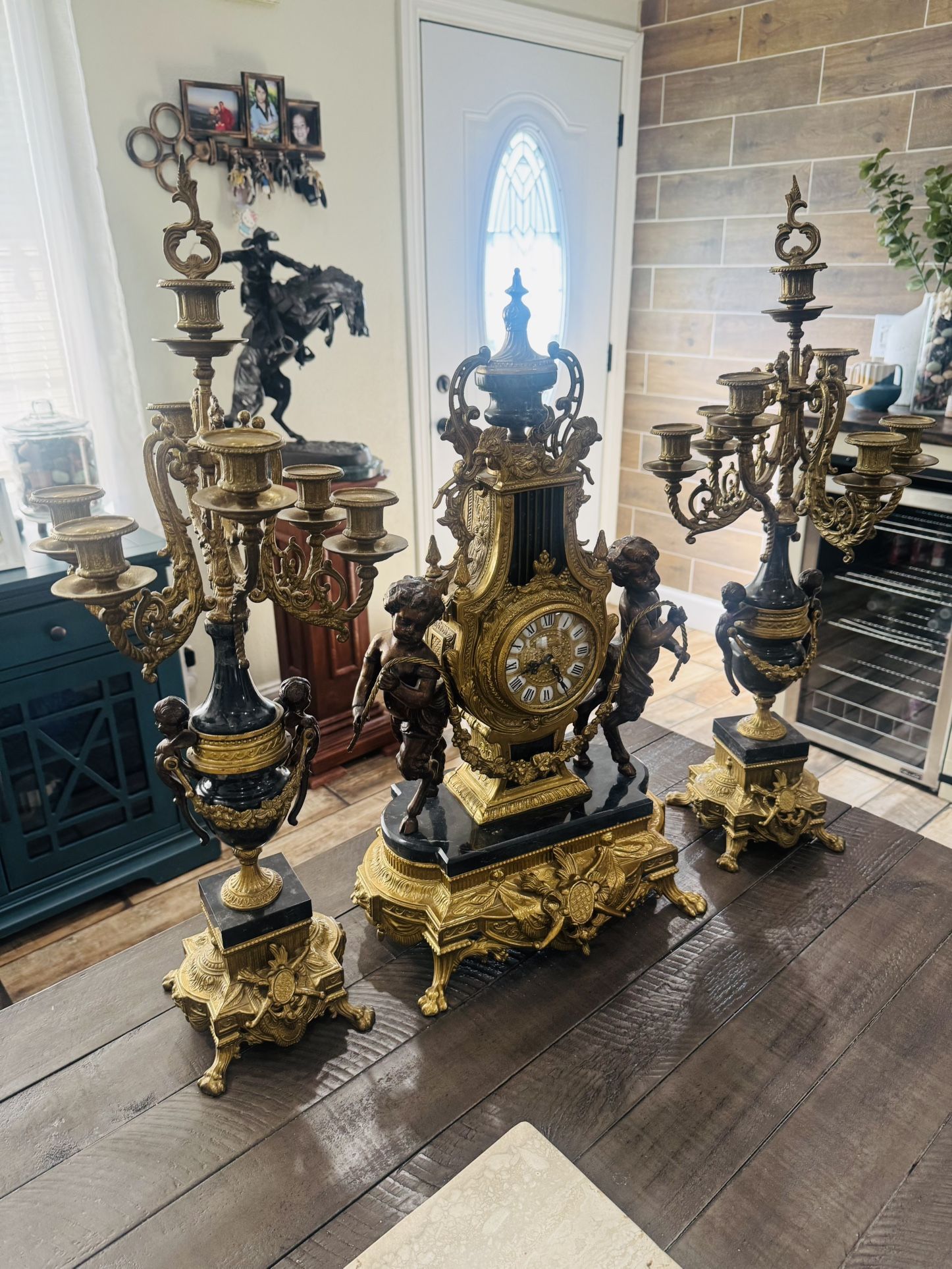 Beautiful Imperial Brevettato Clock & Candelabra 3-Pieces Set Made in Italy. 