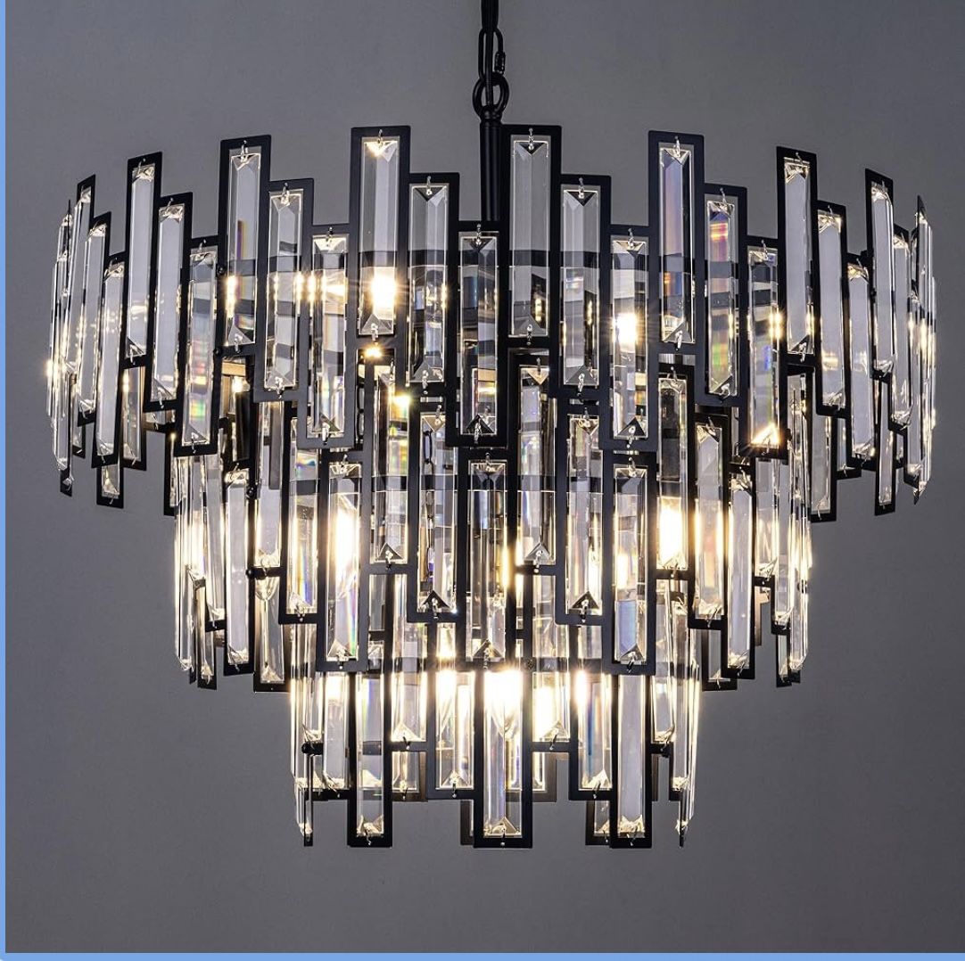 New 24” W Black Crystal Light Fixture, 9 Light 3 Tiers Luxury Round Chandelier Adjustable Height
