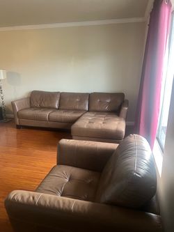 Brown Tufted Faux Leather Sectional Sofa with Chase