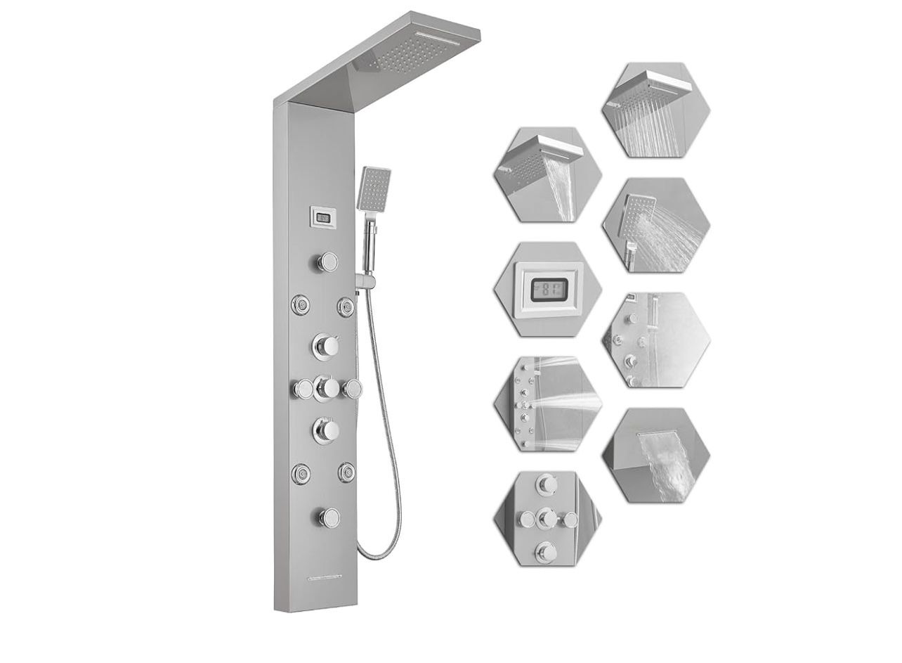 Shower Panel Tower System, 6-Function Faucet Rain Massage System with Body Jets, Wall Mount Shower Stainless Steel, Brushed Nickel and Chrome