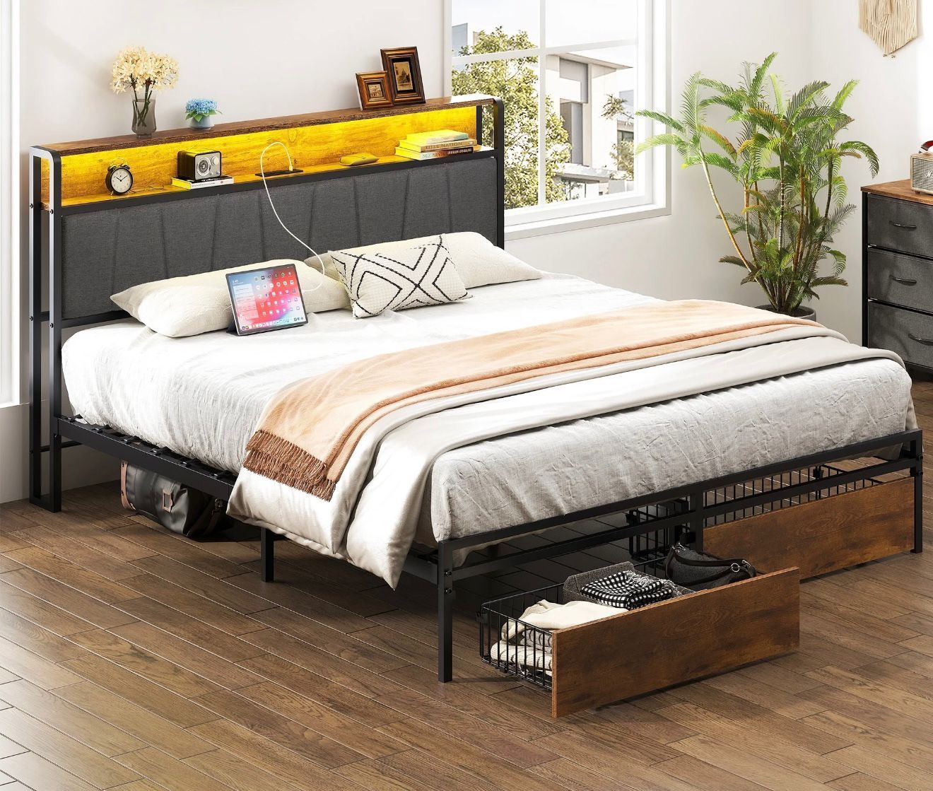 Queen Size Bed Frame with Upholstered Wingback Headboard, Heavy Duty Metal Bed Frame with 2 Storage Drawers, LED Light(6270 Queen)