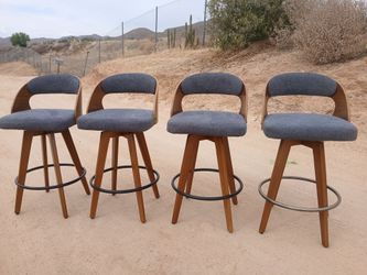 4 Retro Wood Bar Stools w/ Cushioned Seats & Back