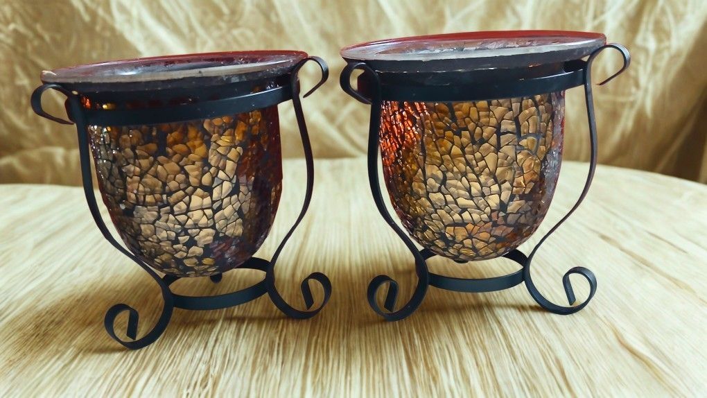 Set Of 2 Vintage Golden Bronze Candle Holders W/ black stands