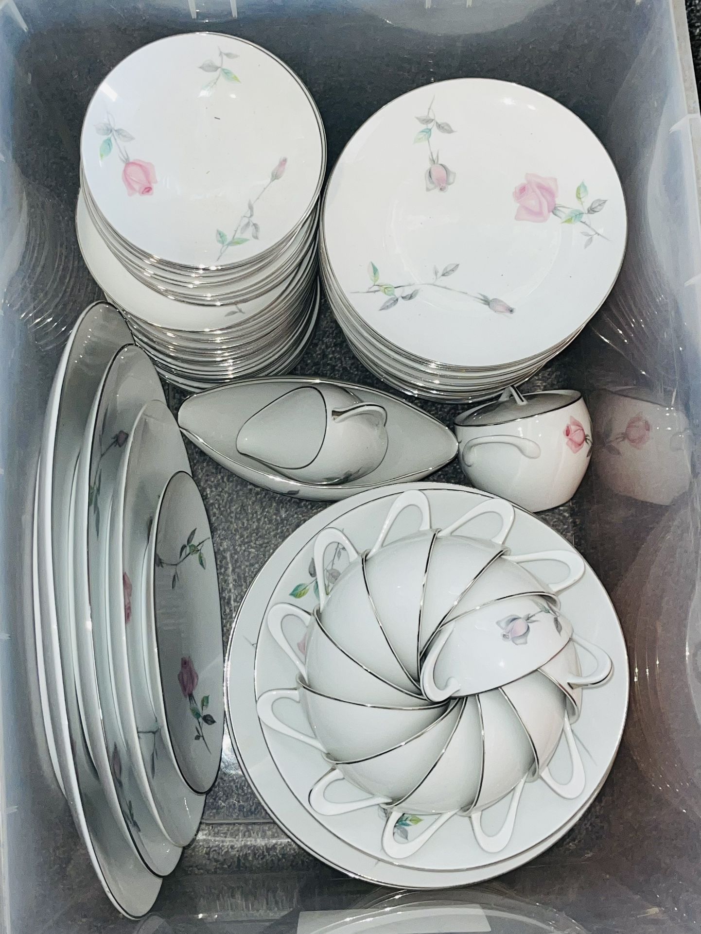 Vintage 80 Pieces  Sango Fine China Sango Etude Pink Roses & Silver Trim.  Authentic Sango Dinnerware China Set Made In Japan 