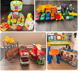 Kids trucks and cars, blocks, activity table, sorting, and stacking toys