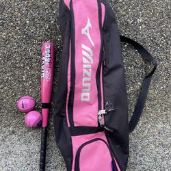 Pink baseball teeball bag, bat, balls
