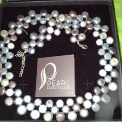 Elegant Peacock Pearl Choker With Silver Chain And Clasp.