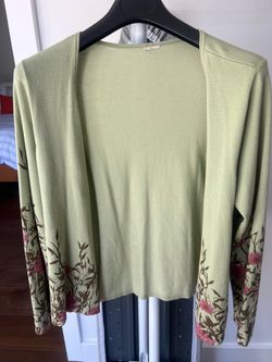 Green Knit Cardigan with Floral Sleeves