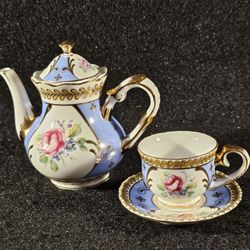 Victoria Garden Miniature Decorative Teapot Set Floral Rose Pattern W/ Gold Trim