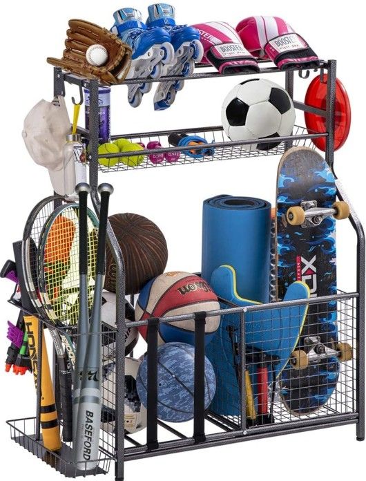 Garage Sports Equipment Storage Organizer with Baskets and Hooks