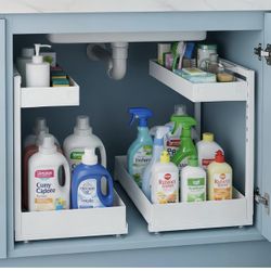 New-Under Sink Organizer, Bathroom Counter Organizer, 2 Pack 2 Tier L-Shape White, Adjustable Height Carbon Steel, Under Cabinet Storage with Pull Out