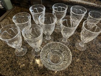 Set of 10 Water Glasses With Glass Bowl / Dish - Perfect Condition!