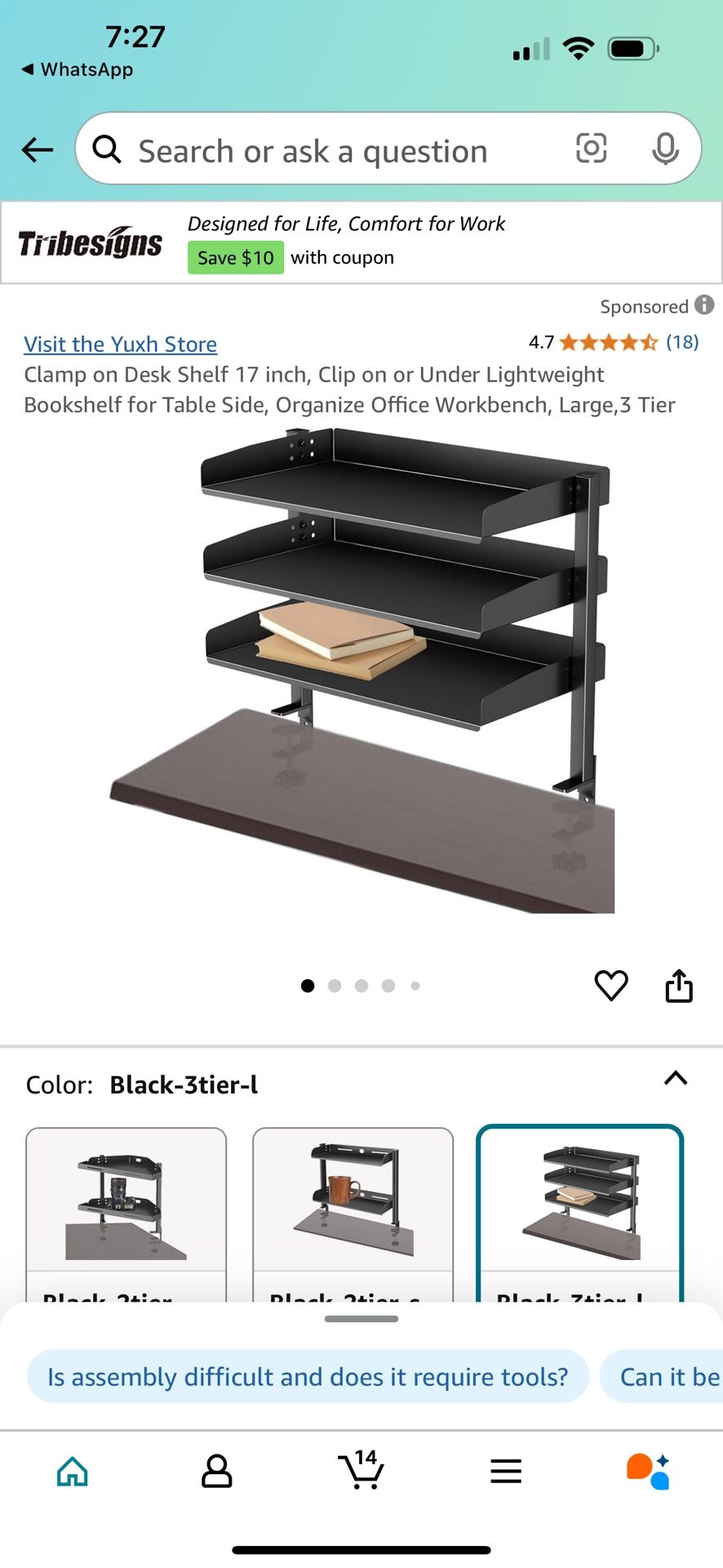 (20005) Clamp on Desk Shelf 17 inch, Clip on or Under Lightweight Bookshelf for Table Side, Organize Office Workbench, Large,3 Tier