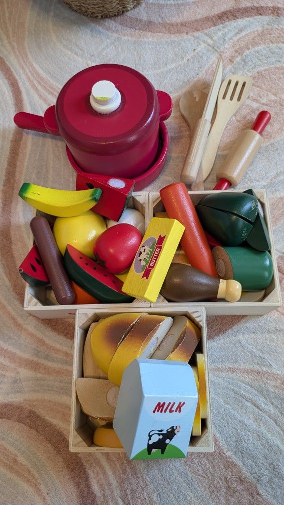 Wooden Foods With Utensils And Pot And Pan
