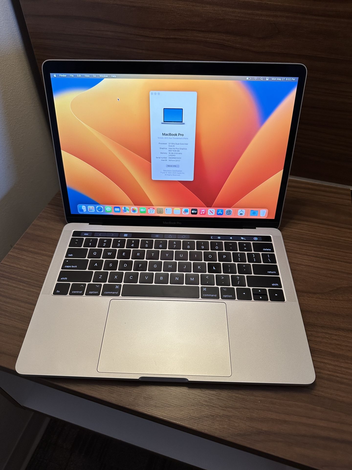 Apple 2017 13” MacBook Pro Touch Bar Retina 3.1ghz Core i5 16gb RAM 512gb Flash (SSD) macOS Ventura