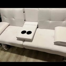  Futon Sofa Bed  Armrests (PU Leather, White