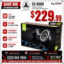 JL Audio Evolution C2 Series Car Speakers 1 Set 6.5" 2-Way Coaxial Speaker System 225bwatts C2-650X 🚨 Payment Options Available 🚨 No Credit Needed