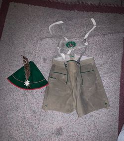 Vintage 1970's Austria Lederhosen Trachten Shorts, Suspenders, Hat. Boys Size 10 - Bavaria, Germany, Austria, Belgium