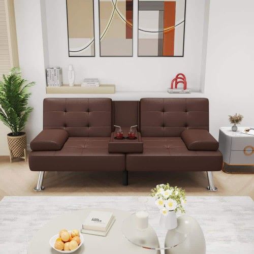 65 in. Convertible Folding Futon Sofa Bed, Brown Faux Leather Upholstered Roomy Love Seat