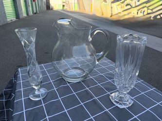 Clear Glass Pitcher and Two Vases Set