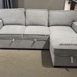 Grey Pullout Sectional W/ Reversible Storage Chaise Brand New In Box