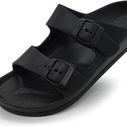 Funkymonkey Women Black Comfort Slides Double Buckle Adjustable Flat Sandals 10M