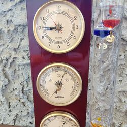 JJ Care Galileo Thermometer with Quartz Clock (Gold), Analog Barometer & Hygrometer, Galileo Weather Station