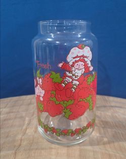 Vintage 1980s American Greetings Strawberry Shortcake glass canister jar - no lid - 7" tall