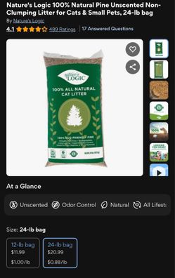 Nature's Logic 100% Natural Pine Unscented Non-Clumping Litter for Cats & Small Pets, 24-lb bag