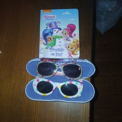 Two kids' sunglasses, a case, and a book
