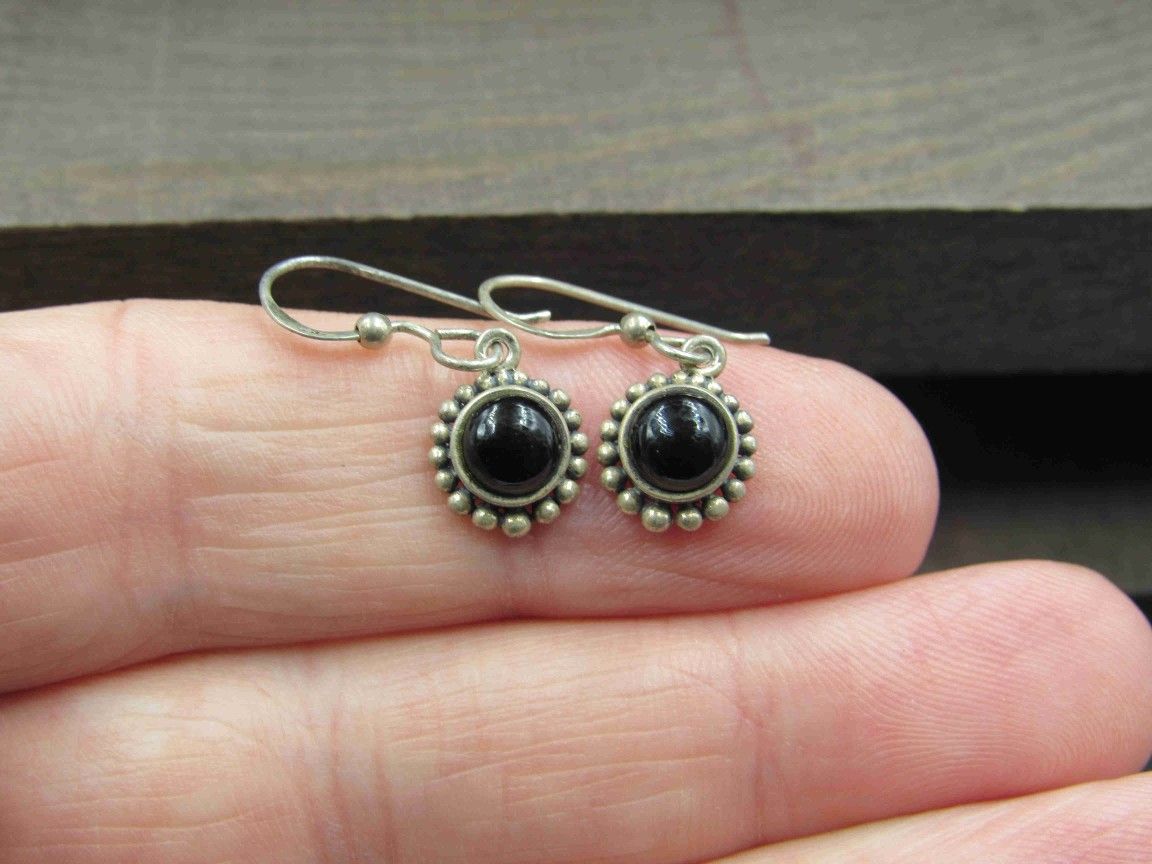 Sterling Silver Small Black Material Rustic Earrings Vintage Wedding Engagement Anniversary Beautiful