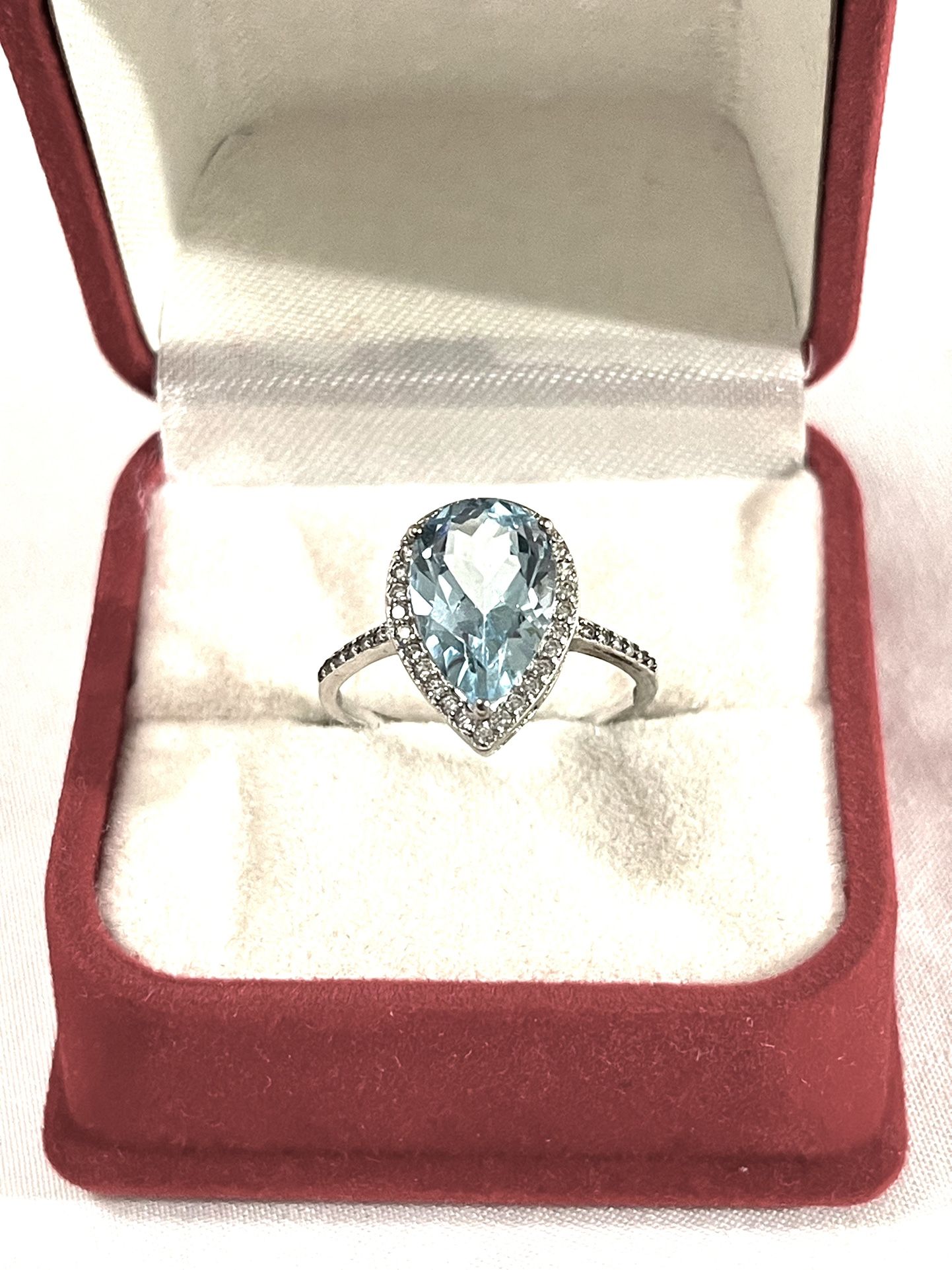 Brand New Pea Shape, Aquamarine, And Cz Diamonds Set In A Sterling Silver Promise Ring. Size 7.