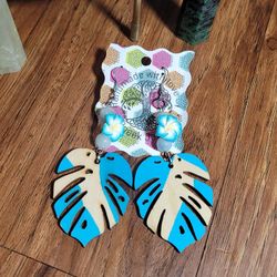 Handmade Tropical Hand Painted Blue Leaf Flower Earrings