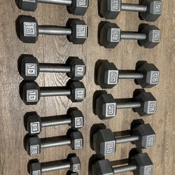 Beautiful Set Of Hex Cast Iron Dumbbells  In NEW CONDITION Total: 190 lbs