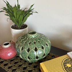 Vintage Reticulated Green Glazed Vase