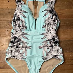 Cacique swim size 16 plunge swimsuit bathing suit floral blue neck holder sexy