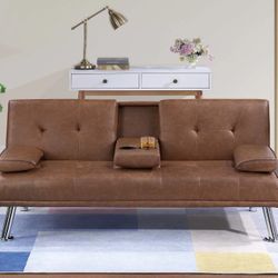 🍀 Sofa Bed Futon, Brown, Black Faux Leather, Black Fabric,  New In The Box.