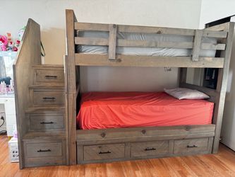 Solid Wood Bunk Bed w/ Staircase & Storage