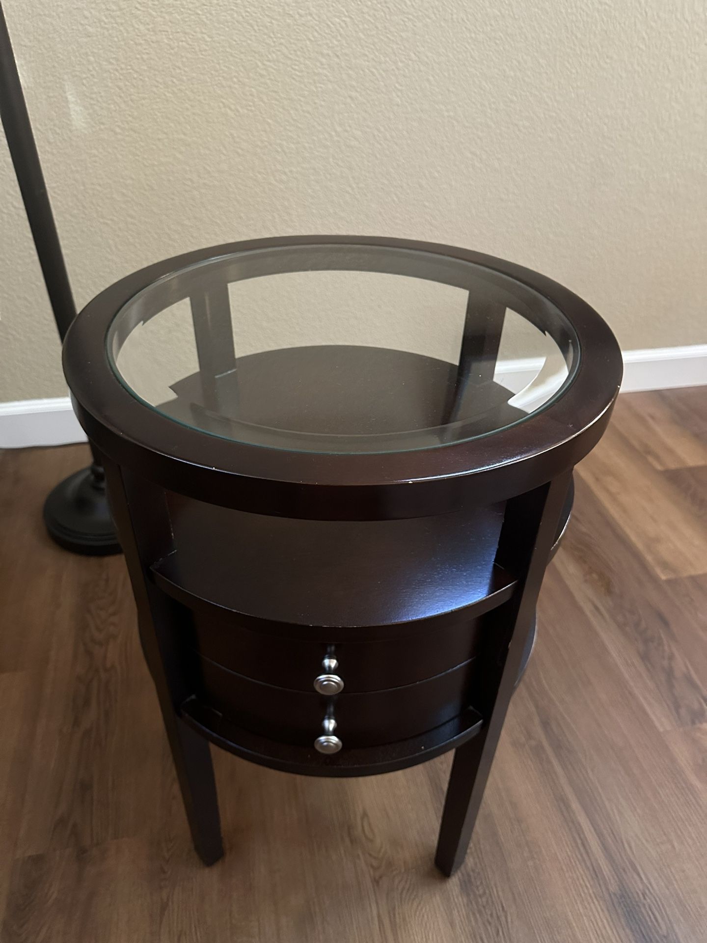 Modern Round Glass-Top End Table with B Drawers – Espresso Finish