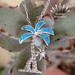 Sterling Silver 925 Necklace With Palm Design And Opal Stone With A Tinny Zirconia 