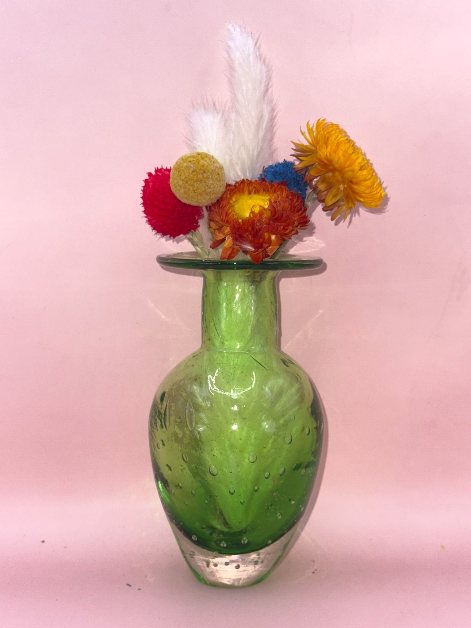 Art Glass Hand Blown Little Green Bud Face, Thick Base 5 Inches Tall