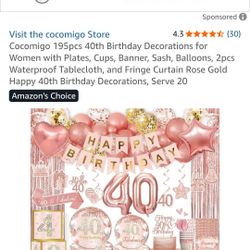 195pcs 40th Birthday Decorations for Women with Plates, Cups, Banner, Sash, Balloons, 2pcs Waterproof Tablecloth, and Fringe Curtain Rose Gold Happy 4