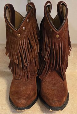 Shyanne Girls Double Fringe Leather Western Cowgirl Brown Boots sz 12 D