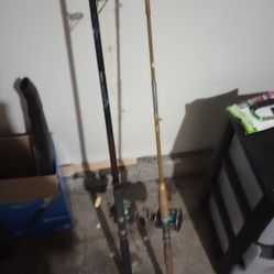 2 old fishing rods and fishing totes