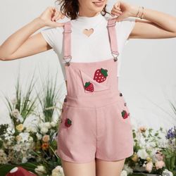 SHEIN MOD Strawberry Patched Crisscross Back Overall Romper 