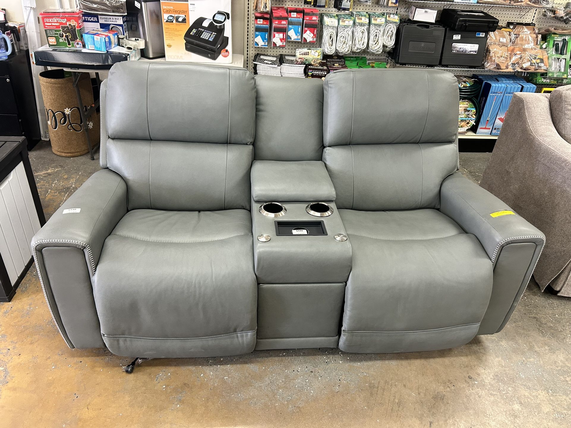 Apollo Power Leather Match Reclining Loveseat with Console and Power Headrest & Lumbar