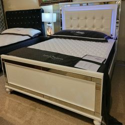 White Queen Bed w/LED Lights New