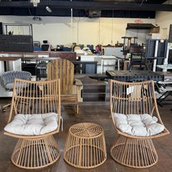 🔥Set of 3🔥Wicker Outdoor Chair and Side Table Set with Cushion, (Light Brown)  💰260$